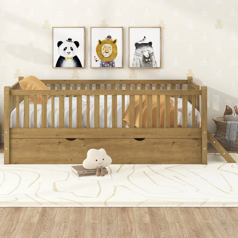 Twin Size Platform Bed, Wooden Bed Frame with Guardrail and Trundle, Walnut