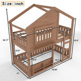 Twin Size Bunk Bed Loft Bed Kid Playful House Bed with Bookshelf & Safety Rail, Natural