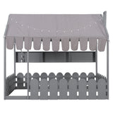 Full Size Toddler Bed Kid Floor Bed Montessori House Bed Platform Bed with Tent, Light, 3 Storage Shelves & Safety Fence Rail, Gray