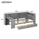 Twin Size Platform Bed Frame, Wood Daybed with Storage Shelves, Drawers, Charging Station, LED, and Upholstered Headboard