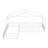Double Twin Size L-Shaped Montessori House Bed Frame, Metal Corner Bed with Fence, Floor Bed Without Slats, White