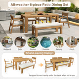 6pcs Outdoor Dining Set for 6, Patio Furniture Set Dining Table Set with Chairs, Bench & Waterproof Cushions, Beige+Light Teak