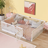 Full Size Kid Platform Bed Frame Toddler Bed Floor Bed with Safety Guardrails & Door
