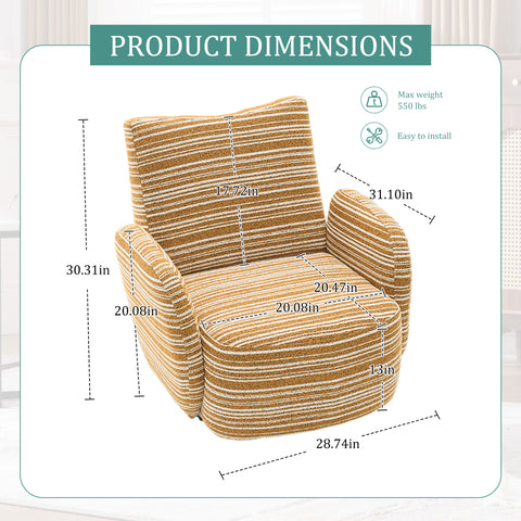 360° Swivel Leisure Chair, Boucle Fabric Striped Armchair with Metal Base, Modern Accent Chair Single Sofa, Mustard Yellow