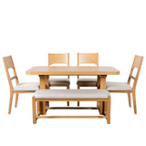 6pcs Extendable Dining Table Set Dining Set Family Kitchen Table Set with 4 Padded Dining Chairs & Bench, Natural