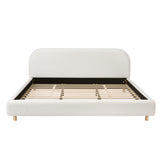 King Size Upholstered Platform Bed, Cloud Bed Frame Soft White Boucle Fabric with Curved Thick Headboard & Solid Wood Legs