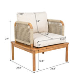 2pcs Patio Accent Chair Club Chair Outdoor Sofa Lounge Chair with Weather-resistant Acacia Wood Frame & Cushion, Teak+Beige