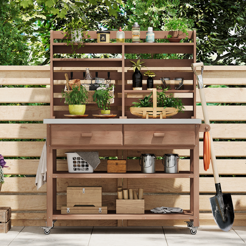 64.9"H Outdoor Potting Bench Table with Lockable Wheels, Solid Wood Outdoor Kitchen Island with Upper Hutch, Stainless Steel Top, Towel Rack ,Outdoor Storage for Grilling, Lawn Garden -Brown