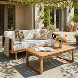 2pcs Patio Set, Acacia Wood Daybed with Rope Accents & Cushions + Coffee Table, Modern Minimalist Outdoor Conversation Set