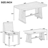 6-Piece Rustic Farmhouse Dining Set, Oak Veneer Dining Table with Trapezoid Legs, 4 Linen Upholstered Chairs+1 Bench