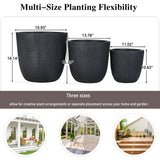 Set of 3 MGO Round Planters, Crackle Stone Textured Outdoor Flower Pots with Drainage & Rubber Plugs