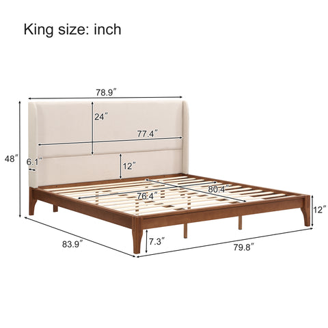 King Size Platform Bed, Solid Dry Bamboo Wood Bed Frame with Upholstered High Headboard, Easy Assembly, Beige -ModernLuxe
