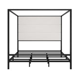 King Size Canopy Bed Metal 4-Poster Bed Frame with Tall Linen Fabric Upholstered Headboard, Box Spring Needed, Black+White