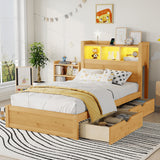 Twin Wood Bed with Storage Headboard, Built-in LED Lighting & Charging Station, 2 Drawers & Pull-Out Cabinet