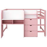 Full Size Low Loft Bed with Built-in Desk, Storage Cabinets, Open Bookcase and Whiteboard for Graffiti