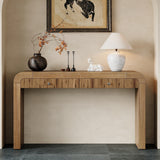 Rustic Console Table with Fluted Drawer and Curved Corners, Entryway Table with Thick Legs and Storage Drawer for Living Room, Natural