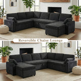 U-Shaped Convertible Sleeper Sofa Bed Modular Sectional Sofa Upholstered Couch Family Sofa with Reversible Chaise Lounge&USB Ports, Black