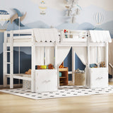 Full Loft Bed with Built-in Bookshelf, Cotton-Linen Curtain & Storage, Fairy Tale Cottage Loft Bed Frame, White