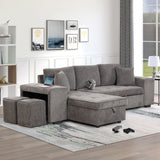 Modern L-Shape 3 Seat Reversible Sectional Couch, Pull Out Sleeper Sofa with Storage Chaise and 2 Stools for Living Room Furniture Set, Gray