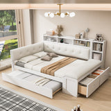 Full Size Daybed Sofa Bed Frame with Trundle, Storage Shelves, Charging Station & Upholstered Side Bench