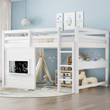 Full Size Loft Bed House Kids Loft Bed Frame with Double-Sided Sliding Chalkboard, Bookshelf & Safety Guardrails, White