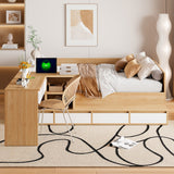 Full size Wooden Platform Bed with 6 Drawers, Shelves and Dressing Table, Natural