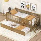Twin Size Platform Bed, Wooden Bed Frame with Guardrail and Trundle, Walnut