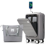 2 PCS Luggage Set, 20" Carry-On Suitcase with USB Port, Cup Holder & Travel Duffel Bag, Grey - ModernLuxe