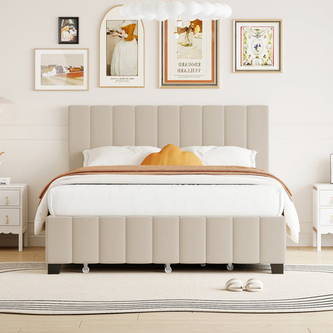 Queen Size Platform Bed, Velvet Upholstered Bed Frame with 2 Drawers and Twin XL Trundle Bed, Beige