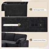 U-Shaped Convertible Sleeper Sofa Bed Modular Sectional Sofa Upholstered Couch Family Sofa with Reversible Chaise Lounge&USB Ports, Black