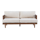 3-Seater Sofa, 72"W Boucle Sofa Couch with Square Arm, Wooden Frame and Cane Rattan Decor, Walnut+Beige