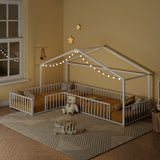 Double Twin Size L-Shaped Montessori House Bed Frame, Metal Corner Bed with Fence, Floor Bed Without Slats, White