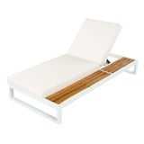 5-Position Adjustable Outdoor Chaise Lounge with Water-Resistant Cushion&Side Storage Surface,Patio Daybed Recliner Sun Lounge, White&Cream