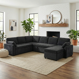 U-Shaped Convertible Sleeper Sofa Bed Modular Sectional Sofa Upholstered Couch Family Sofa with Reversible Chaise Lounge&USB Ports, Black