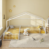 Double Twin Size L-Shaped Montessori House Bed Frame, Metal Corner Bed with Fence, Floor Bed Without Slats, White