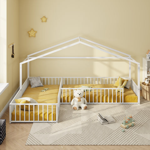 Double Twin Size L-Shaped Montessori House Bed Frame, Metal Corner Bed with Fence, Floor Bed Without Slats, White