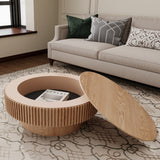 31.5" Round Coffee Table with Hidden Storage, Minimalist Fluted Accent Table Center Table, Natural