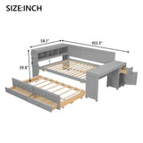 Full Size Daybed with Storage, Trundle Bed, Built-In Desk, LED Light & Charging Station, Gray
