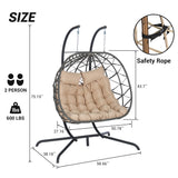 Double Egg Chair with Stand, Patio Hanging Basket Swing Chair Hammock Chair with Cushion&Rust-Resistant Frame, Indoor/Outdoor, Khaki&Gray