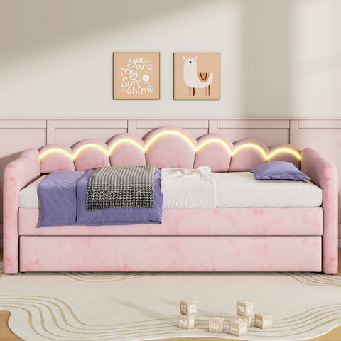 Twin XL Velvet Upholstered Daybed with Pop-Up Trundle & LED Lights