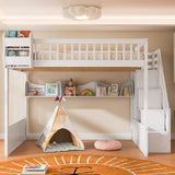 Queen Size Wooden Loft Bed Bunk Bed Frame with Built-In Wardrobe & Storage Shelves