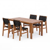 5-Piece Outdoor Dining Set, Acacia Wood Dining Table with Woven Rope Chairs, Weather-Resistant Patio Furniture