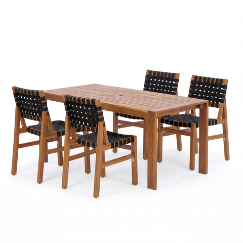 5-Piece Outdoor Dining Set, Acacia Wood Dining Table with Woven Rope Chairs, Weather-Resistant Patio Furniture