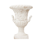 Classical Scrollwork Relief Urn Planter, Weather-Resistant Outdoor Flower Pot Patio Decorative Vase for Garden Entryway, Antique White