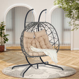 Double Egg Chair with Stand, Patio Hanging Basket Swing Chair Hammock Chair with Cushion&Rust-Resistant Frame, Indoor/Outdoor, Khaki&Gray