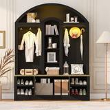 Curved Top Hall Tree with Storage & Hooks, Entryway Coat Rack with Shoe Bench & LED Light, Multi-Functional Foyer Organizer