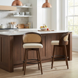 Set of 2 360° Swivel Rubberwood Barstools Counter Stools, PU Cushioned Seat with Rattan Backrest