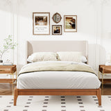 King Size Platform Bed, Solid Dry Bamboo Wood Bed Frame with Upholstered High Headboard, Easy Assembly