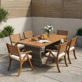 7 PCS Outdoor Dining Set for 6, Patio Dining Furniture Set with 6 Accent Chairs & Cushion, Weather-Resistant Acacia Wood Frame, Gray+Teak