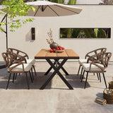5-Piece Outdoor Dining Set, Rectangular Table with PE Rattan Rope-Woven Chairs & Cushions, Weather-Resistant Patio Furniture, Brown